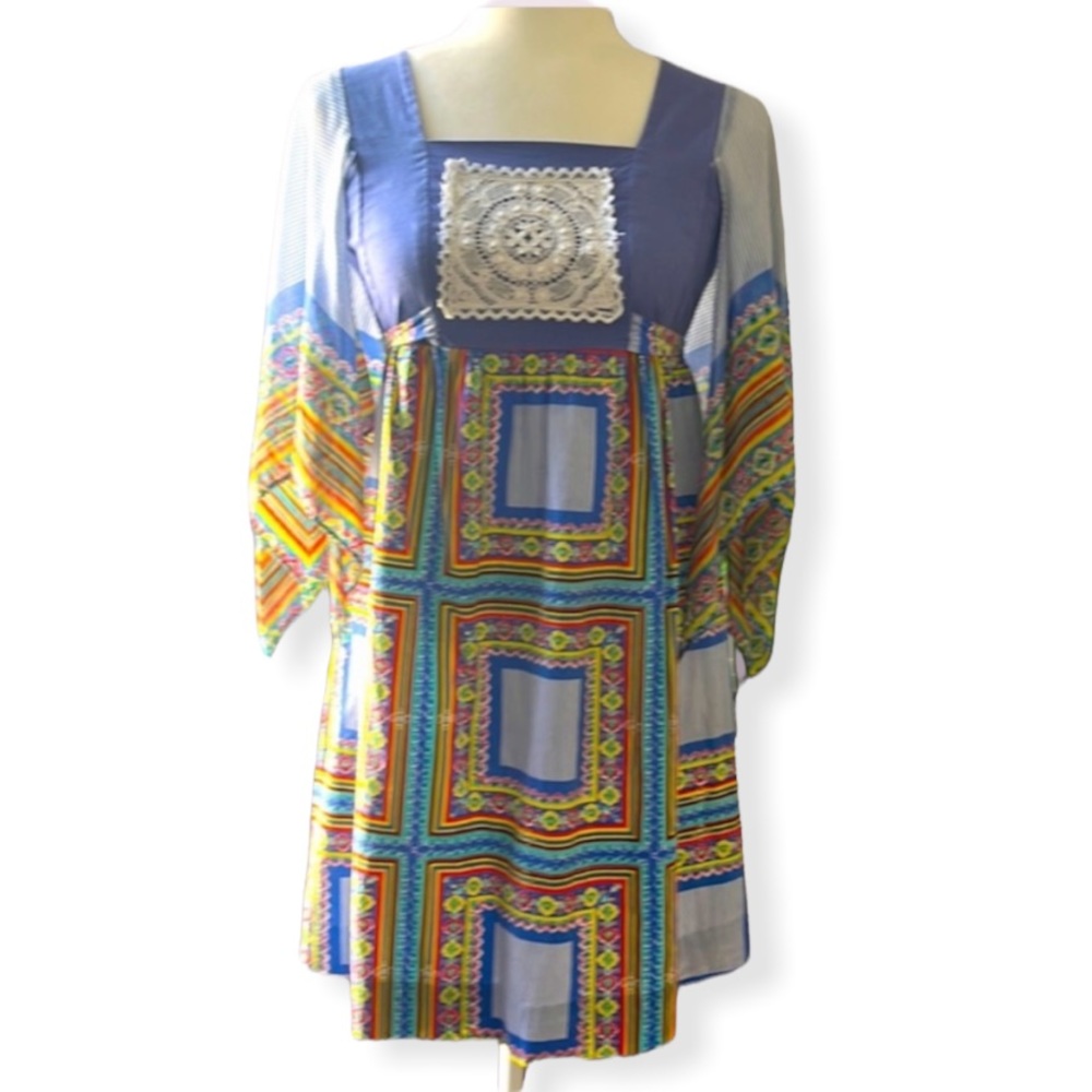 Vintage 70’s Lexis Blue Bohemian Patchwork Hippie Mini Dress / Size Small